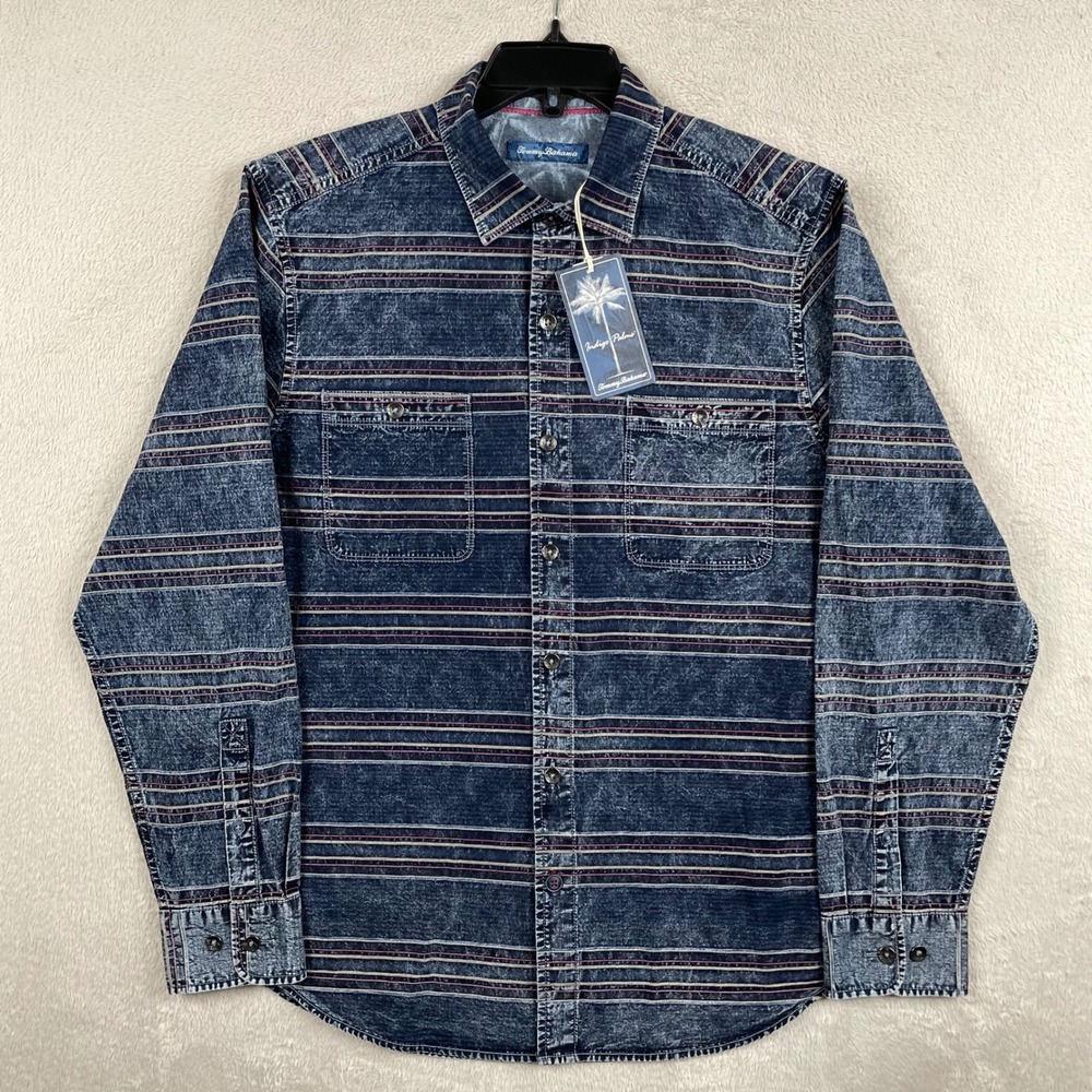 New Tommy Bahama Blue Ridge Stripe Shirt Mens Medium Indigo Palms Acid Wash NWT